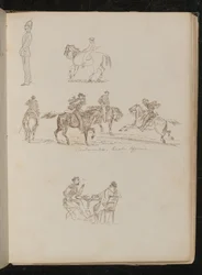 Soldato in uniforme completa, studi di un giovane con canna da pesca a cavallo, quattro uomini a cavallo iscritti "Ufficiali di cavalleria piemontesi"