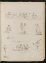 Studi di uomini e donne "Alla parata", un uomo con una rete etichettato "Pescatore di gamberetti", un marinaio etichettato "Guardia costiera", datato "28 maggio-61"