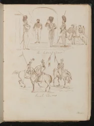 Studi di soldati con iscrizione "Imperial Guards", soldati con bandiere a cavallo con iscrizione "French Lancers"