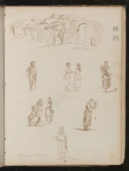 Studio di paesaggio con alberi e archi in rovina iscritti "Vicino a Frejus", sei studi di figure iscritti "Contadini provenzali"