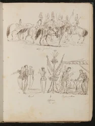 Studio di soldati a cavallo con iscrizione "Life Guards", studio di gruppi di soldati con bandiere, che fumano e bevono