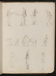 Dieci studi di soldati, cavalli, donna che cavalca all