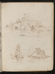 Due studi di isola rocciosa, studio di barca, datato "30 giugno?"