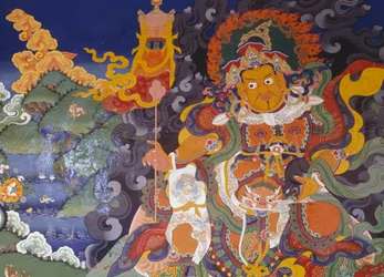 Affresco raffigurante divinità colorate, Monastero Buddhista di Lamayuru (Lamayuru Gompa), Himalaya, distretto di Ladakh, stato di Jammu e Kashmir, India