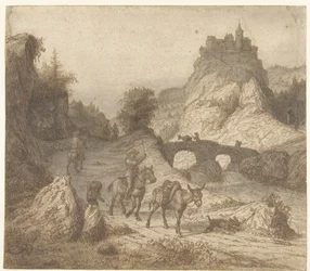 Paesaggio montano con castello e figure