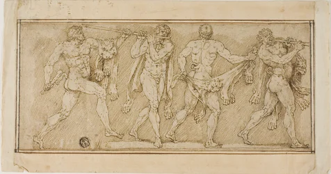 Fregio di satiri che indossano pelli di leone e suonano flauti