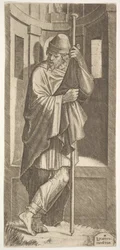 San Giacomo Maggiore appoggiato a un palo davanti a una nicchia, con la gamba sinistra incrociata sulla destra, 1545
