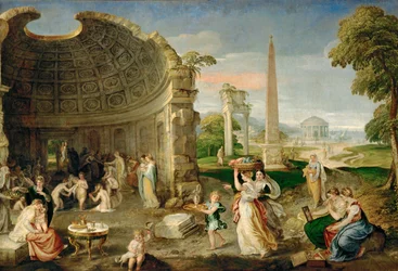 Paesaggio con rovine antiche e donne che fanno il bagno... (olio su tela)