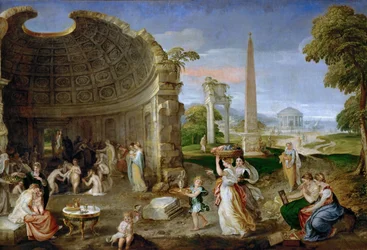 Paesaggio con rovine antiche e donne che si bagnano