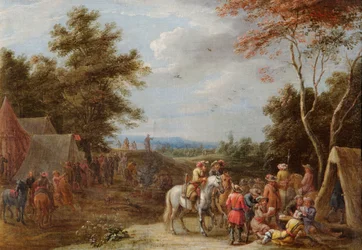 Un accampamento con soldati che giocano a carte, c.1660