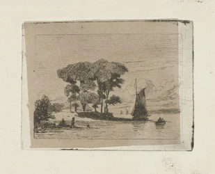 Paesaggio fluviale con barca a vela e alberi