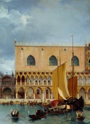 Commercio marittimo davanti al Palazzo Ducale. Dettaglio della vista di una parte del palazzo ducale e della piazzetta a Venezia