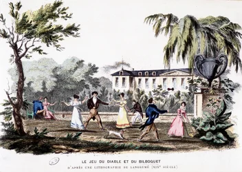 Giochi antichi: Il gioco del diavolo (diabolo) e il bilboquet, basato su una litografia di Langlumé