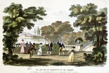Giochi antichi: il gioco della racchetta e del volano, antenato del badminton, basato su una litografia di Langlumé XIX secolo