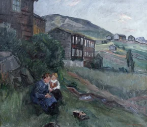 Da Gudbrandsdalen, donna e bambino nel paesaggio
