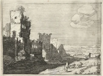 Pastore di capre presso un fossato di un castello