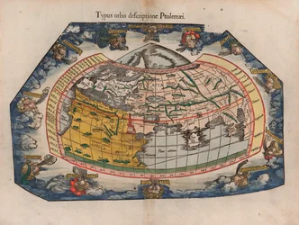 Una mappa del mondo secondo Tolomeo (Typus Orbis Descriptione Ptolemaei) di Laurent Fries dalla ristampa del 1541 di Gaspar Trechsel delle sue mappe del 1522 per la Geografia di Tolomeo