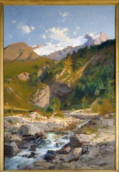 Il torrente a Chavalchere, ghiacciaio Tabuchet e il Monte Meije