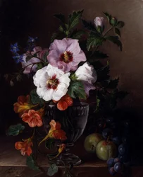 Natura morta di ibisco e nasturzi in un vaso di vetro. Dipinto di Julie Guyot (1810 ca.)