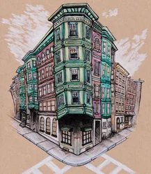 North End, c.2019 (matita colorata e inchiostro su carta patinata marrone)