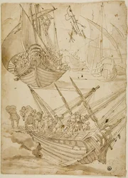 Equipaggio che abbandona la nave (recto); Schizzi di colonne corinzie (verso)