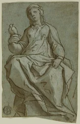 Figura femminile seduta (Santa Scolastica?) che tiene una colomba