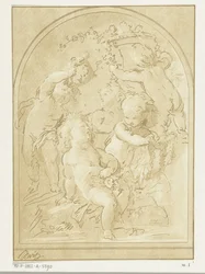 Cinque putti con fiori e ghirlande presso un vaso