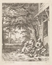 Famiglia con cane, seduti davanti a una casa