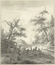 Paesaggio con porcile in primo piano