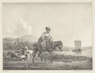 Donna su un asino in un paesaggio (serie di sei disegni a pietra di L. de Koningh)