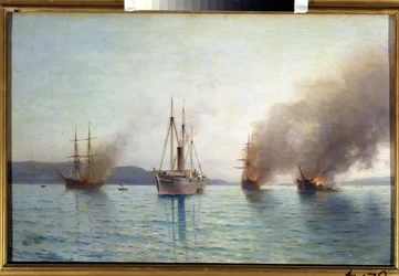 Nave torpediniera russa Granduca Costantino che distrugge le navi turche nel Bosforo nel 1877