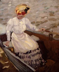 Una signora elegante in una barca a remi