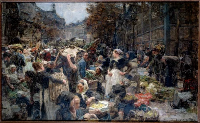 Le halles. La folla del Mercato delle Halles a Parigi nel XIX secolo. Schizzo di Leon Augustin Lhermitte