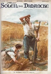 La raccolta. Contadini che mietono il grano in un campo. (basato sull