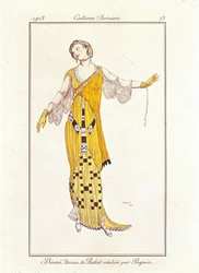 Dioné, disegno di Bakst realizzato da Jeanne Paquin. Costumes Parisiens n.73