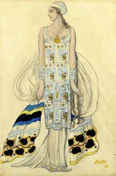 Costume per Ida Rubinstein nel dramma Phaedra (Phedre) di Jean Racine - Bakst, Leon (1866-1924) - 1923 - Gouache e inchiostro su carta - 48x32 - Collezione privata