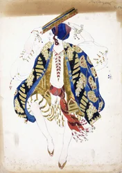 Costume per un ballerino in "Danse Juive", con calzoni alla zuava e un turbante, suonando un tamburello