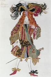 Bozzetto del costume di Galisson, precettore del Principe, dal balletto "La Belle au Bois Dormant" di Pietro I (acquerello, matita su carta)