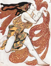 Bozzetto di costume per una baccante, dal balletto "Narciso", poema mitologico con musica di N (acquerello, guazzo, matita, oro, argento su carta)