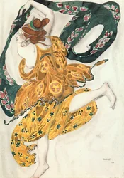 Bozzetto di costume per una donna beota, dal balletto "Narciso", poema mitologico con musica di N (acquerello, guazzo, matita, oro, argento su carta)