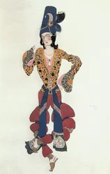 Bozzetto di costume per una giovane indiana per il balletto "Sheherezade" di Rimski-Korsakov (gouache, acquerello, oro su carta)