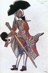 Bozzetto di costume per il "Marchese di Luca" dal balletto "Donne di buon umore", musica di Scarlatti (gouache su carta)