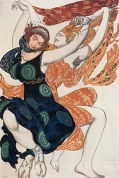 Bozzetto di costume per due donne beoti, dal balletto "Narciso", poema mitologico con musica di N (acquerello, guazzo, matita, oro, argento su carta)