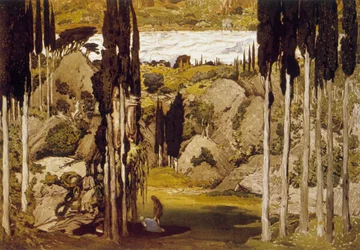 Decorazione di Léon Bakst, pittore e decoratore russo, basata su un acquerello originale, per il balletto "Daphnis et Chloé" di Maurice Ravel