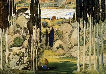 Scenografia per il balletto Daphnis e Chloe di Maurice Ravel (1875-1937). Pittura di Leon Bakst (1866-1924). Acquerello e gouache su carta, 74 x 103,5 cm.