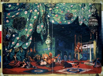 Scenografia per il balletto "Sheherazade" di Nikolai Rimsky-Korsakov (1844-1908) dai racconti delle mille e una notte. Disegno di Leon Bakst (1866-1924)