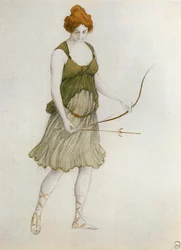 Nymphe chasseresse - Ninfa cacciatrice; bozzetto di costume per il balletto "Sylvia" di Leo Delibes (acquerello, matita e bronzo su carta)