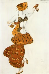 Odalisca, bozzetto di costume per il balletto "Sheherezade" (acquerello e oro su carta)
