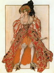 La moglie di Potifar, bozzetto di costume per il balletto e mimodramma "Josephslegende" di Richard Strauss (acquerello, pastello e oro su carta)