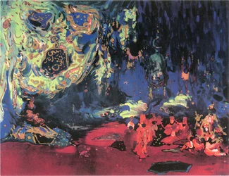 Schizzo della scenografia del balletto "Sheherezade" di Rimski-Korsakov (acquerello, matita e oro su carta)